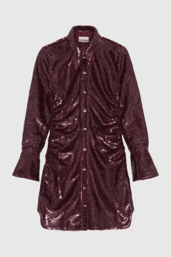 Sequins Glitter Shirt Dress Burgundy