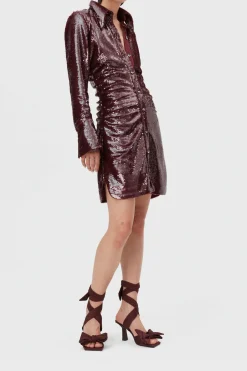 Sequins Glitter Shirt Dress Burgundy